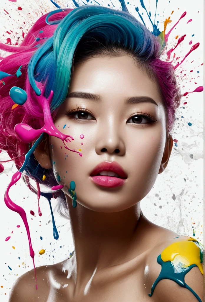 (masterpiece, Highest quality, High resolution), White Background, ((Paint splashes, Color Splash, Ink splash, Color Splash)), Kind Chinese girl, Rainbow Hair, Pink Lips, front, Upper Body