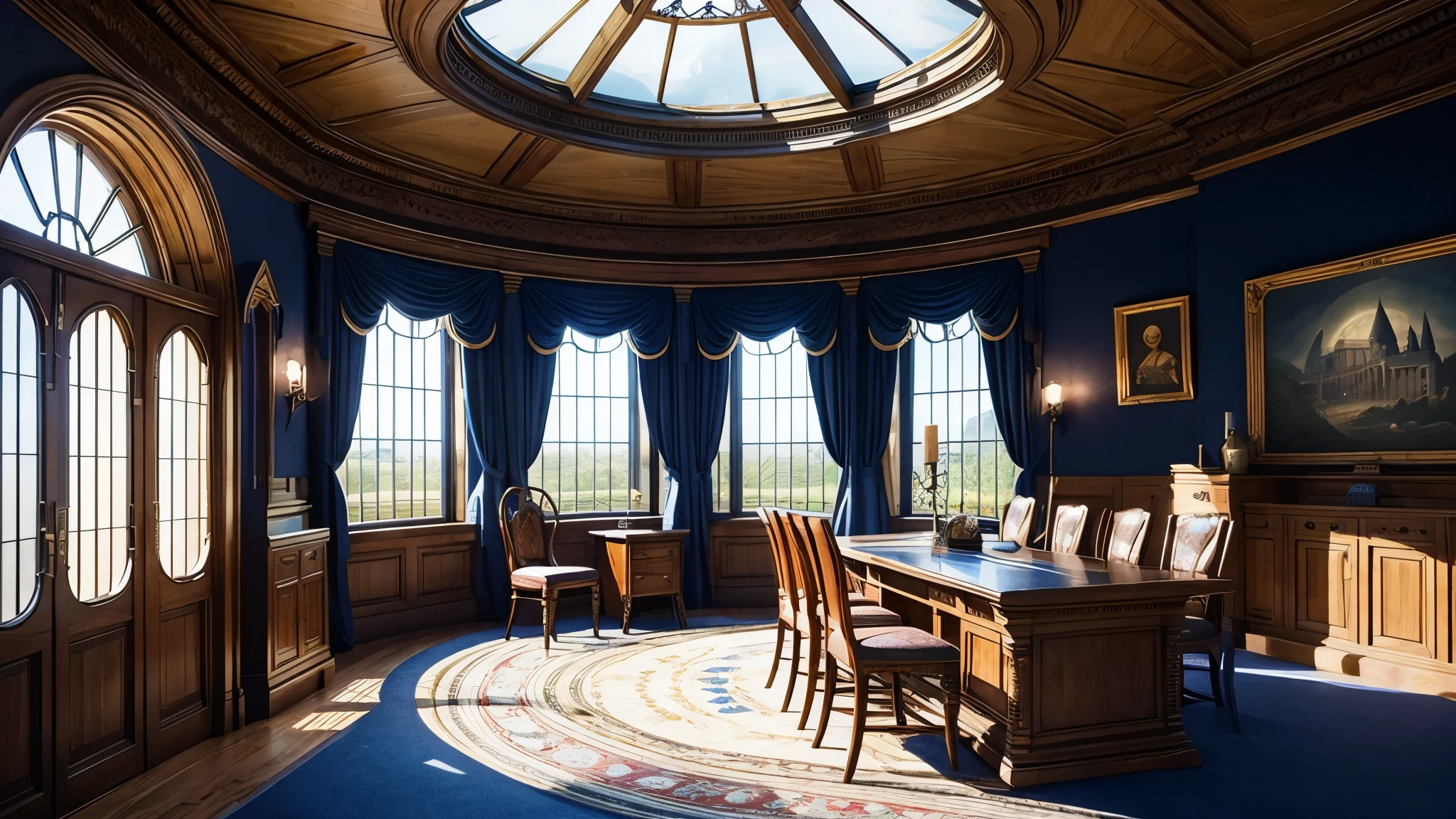 masterpiece,Highest quality,Realistic illustrations,Classic,Fantasy Full HD,Circular Room,Wide々,Arched Windows,I see the stars,Domed star-patterned ceiling,Dark navy blue carpet,Blue and bronze silk hangs on the walls,Wooden long desk,Chair,Book棚,Quill pen,Book,Luna Lovegood,Basket of Fruit «Ravenclaw Common Room» «Harry Potter Movie World»