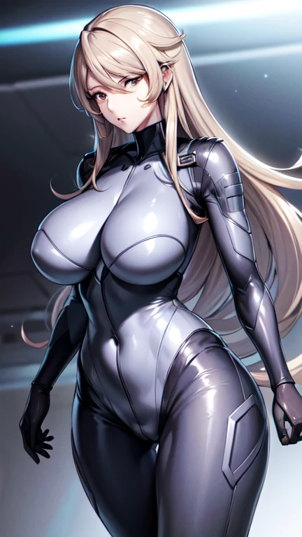 Woman in a futuristic suit, Highly detailed face, Nice, pretty girl, Tomboy, Very large breasts, Adult face, (Women with saggy breasts), (A cyber suit with a wide opening at the chest:1.3), Anime girl in a tight suit, Milfication, Elegant body, Focus on the navel, nude, gloves, Earrings, sf, Female protagonist, Are standing, Volumetric Light, Detailed lighting, Detailed Texture, BoobsCyberpunk, Biomechanical OPPAI, masterpiece, Top quality eyes, sfの背景, Futuristic landscape, Low Angle、Yellow bodysuit