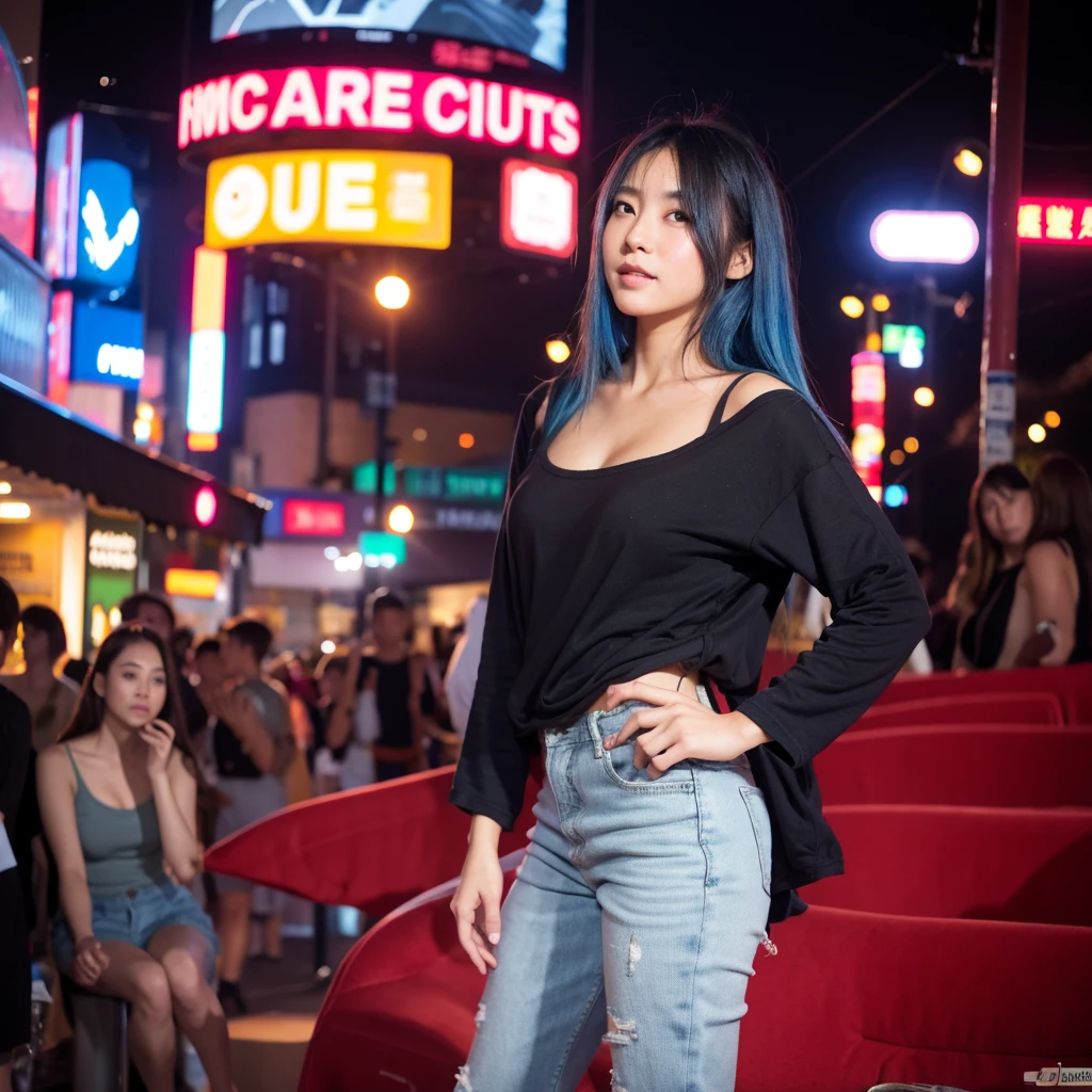high quality,master piece,by famous artist,a girl, one girl,solo focus,alone,4K,8K,raw photo,full body,standing,bloom,sexy posing,Japanese women,Clear,seems kind,Calm,Fair skin,h cup bust,Beautiful woman,colored inner hair,one girl,Casual Style,Nightclub in the background,night,The crowd is around,one girl
