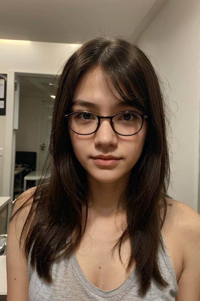 A girl with eyeglasses, flat nose, straight hair, acne,