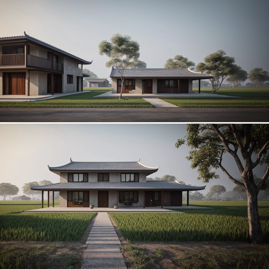 A photo of a traditional country house in Vietnam, minimalistic, The house is located on a rice field in the plains, wall concrete gray and wood, facing the road, plant and tree, sidewalks, sidewalk trees, corona render, 3ds max, wide view, overcast sky, a moody foggy environment, sunny cinematic, natural light