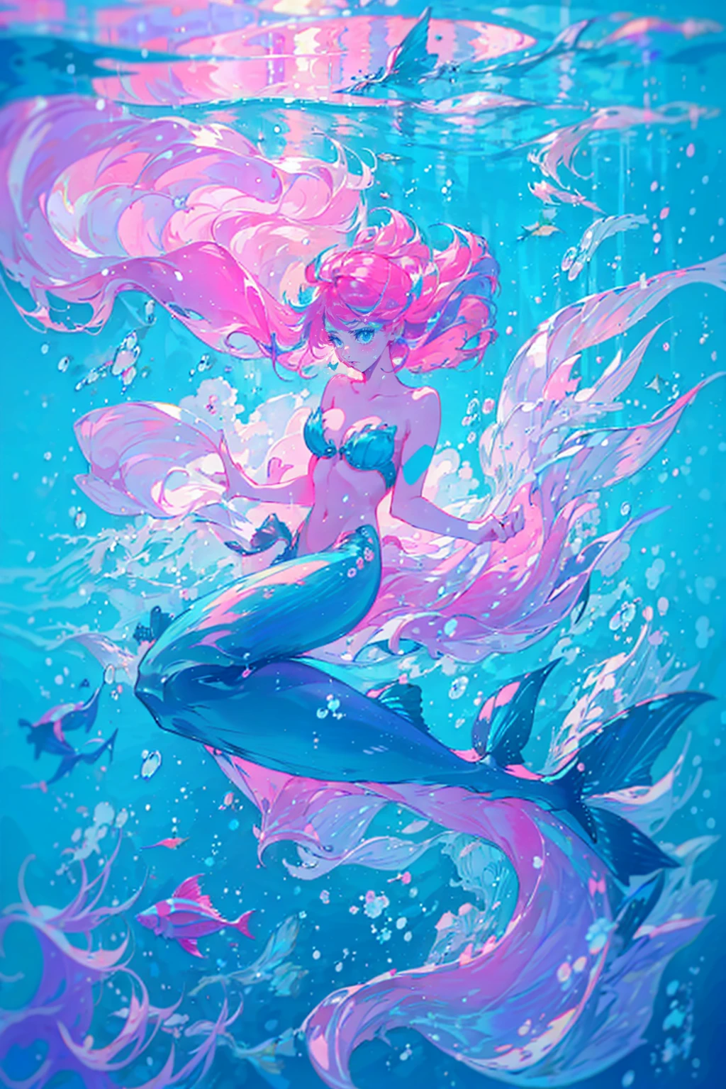 1girl,solo,cute,rainbow hair,cleavage,full body,she is mermaid,she has a mermaid fin,in the sea,under the sea,coral,fish,soft light,pink and blue, crystallineAI, nijistyle