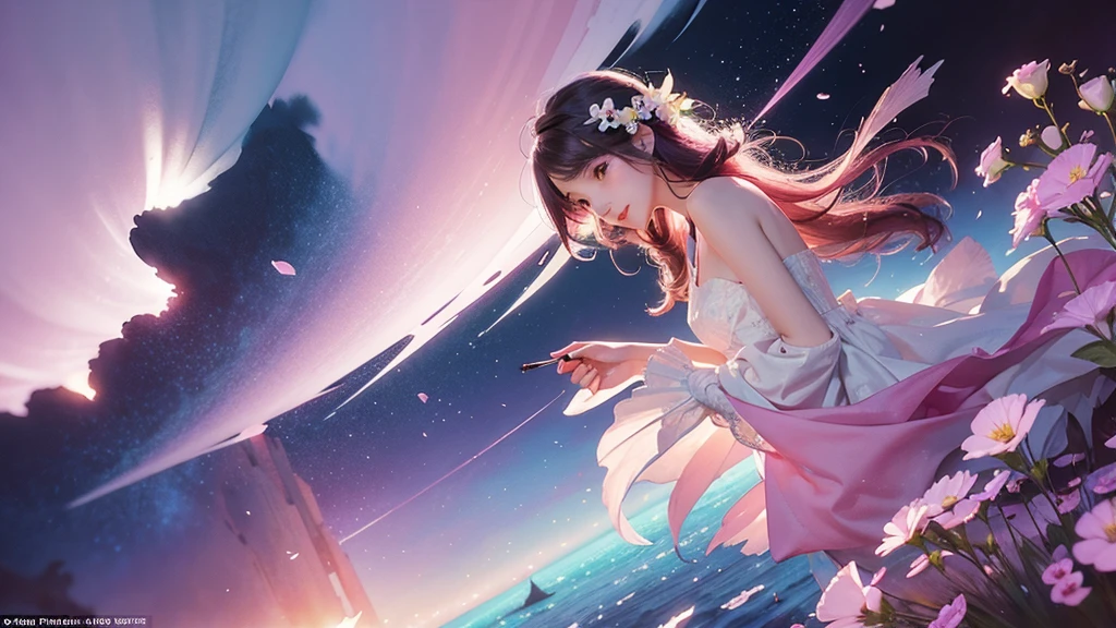One girl,flower, Lisianthus ,Pale pinkと淡い青のスタイル, A dreamy, romantic piece, Pale pink, Mysterious Leaves, A playful arrangement,Fantasy, High Contrast, Ink strokes, explosion, Exposure, Impression of purple and red tones , Abstract, ((Watercolours by John Berkey and Jeremy Mann )) Brush strokes, Negative Space,