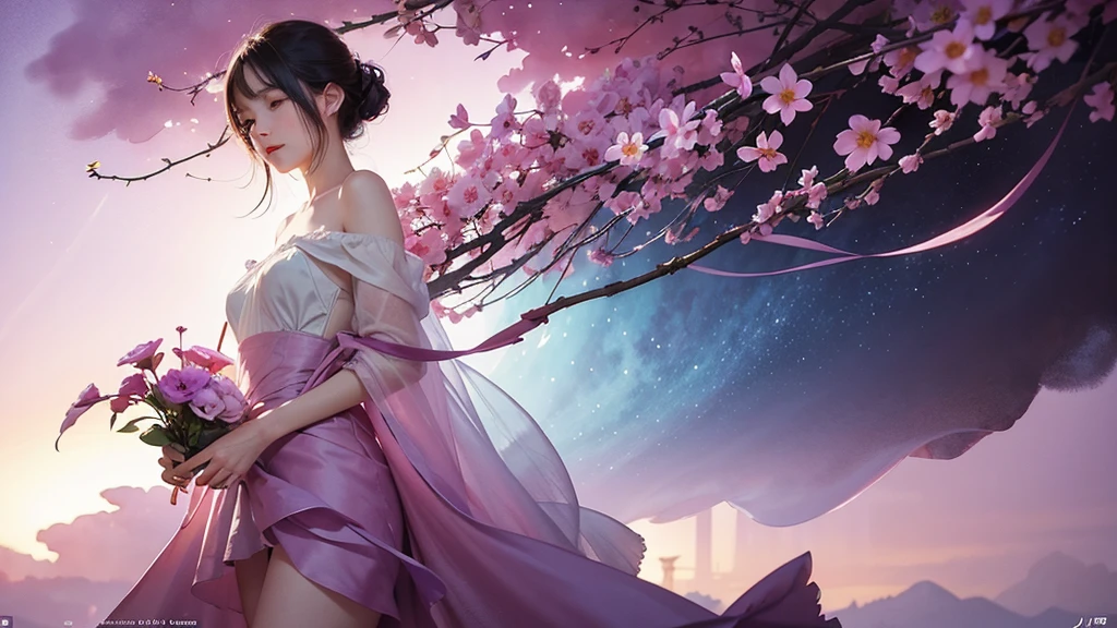 One girl,flower, Lisianthus ,Pale pinkと淡い青のスタイル, A dreamy, romantic piece, Pale pink, Mysterious Leaves, A playful arrangement,Fantasy, High Contrast, Ink strokes, explosion, Exposure, Impression of purple and red tones , Abstract, ((Watercolours by John Berkey and Jeremy Mann )) Brush strokes, Negative Space,