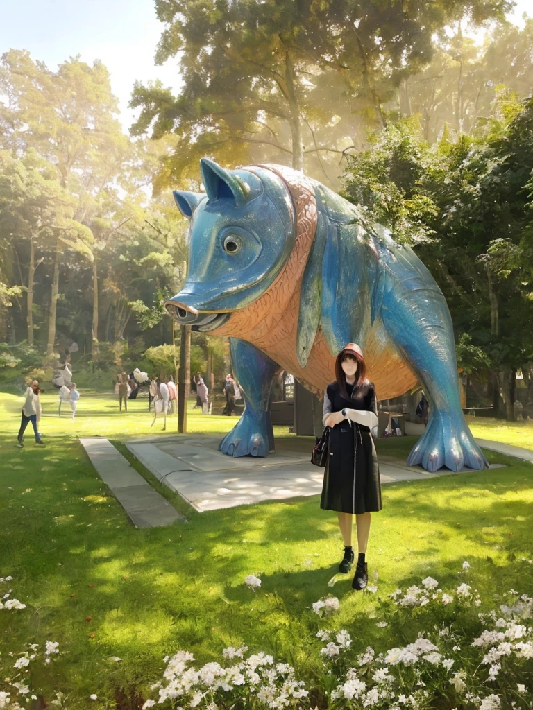 (In 8K、Highest quality、masterpiece:1.2)、(Realistic、Photorealistic:1.2)、there is a woman standing in front of a Sculpture of a fish, giant pig, myself, giant Sculpture, giant alice in wonderland, Rachel Lekitt, Photos taken in 2020, Sculpture!!, Tardigrade statue in the forest, 素晴らしいmasterpiece, 美しいmasterpiece, Strange works of art, 素晴らしいmasterpiece, plastic