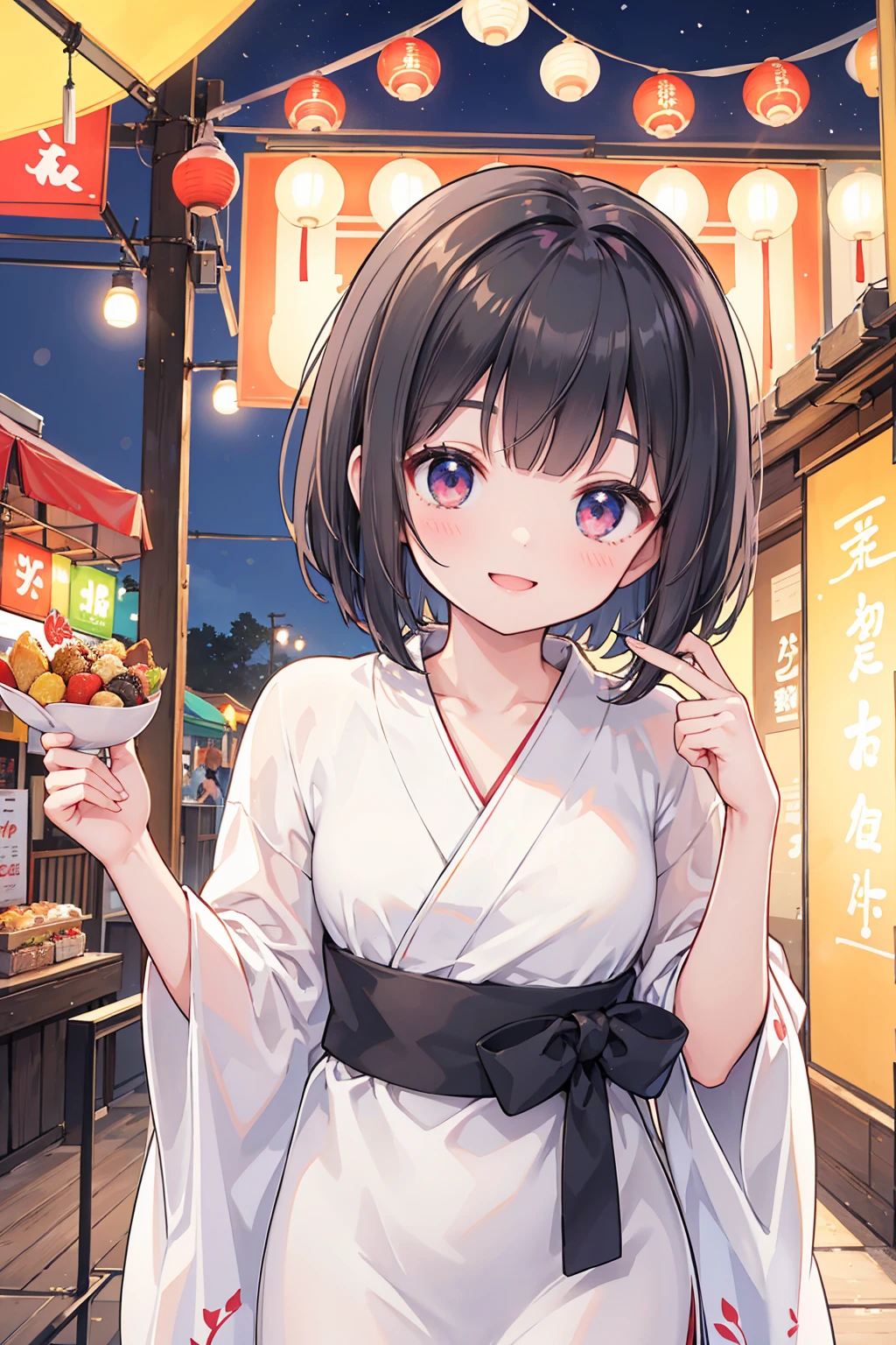 Photorealistic、Highest quality、Highest Resolution、Highest quality、８Ｋ、Beautiful woman、cute、Bob Cut Hair、Dark Hair、yukata、looks fun、smile、Smile、Summer festival、Daytime、Lots of food stalls、