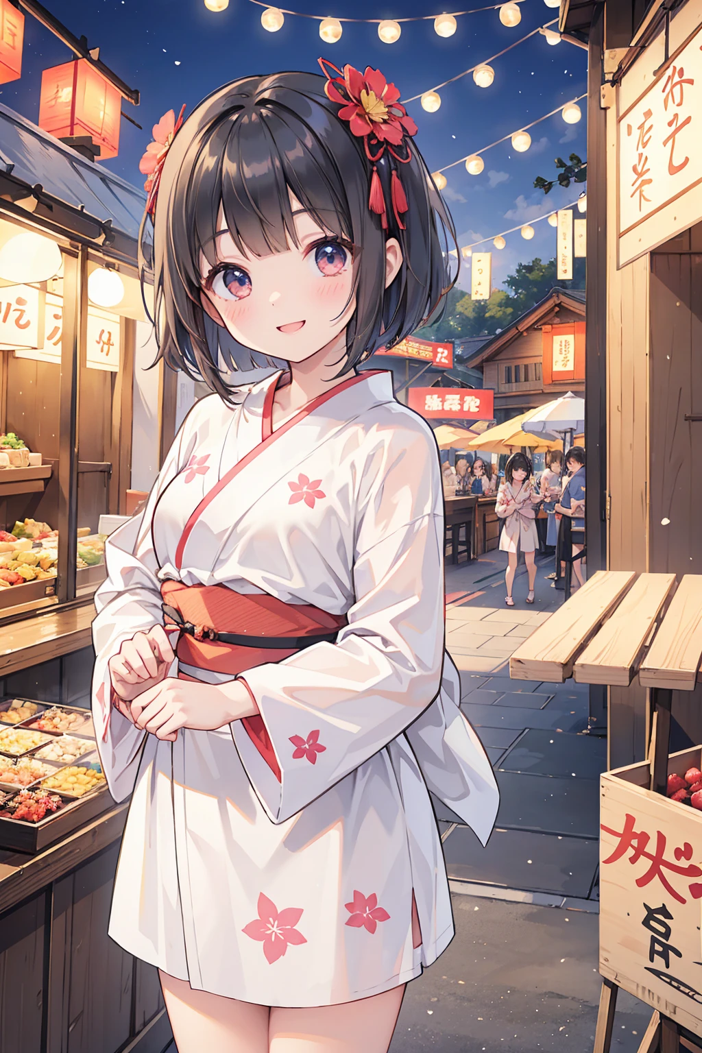 Photorealistic、Highest quality、Highest Resolution、Highest quality、８Ｋ、Beautiful woman、cute、Bob Cut Hair、Dark Hair、yukata、looks fun、smile、Smile、Summer festival、Daytime、Lots of food stalls、