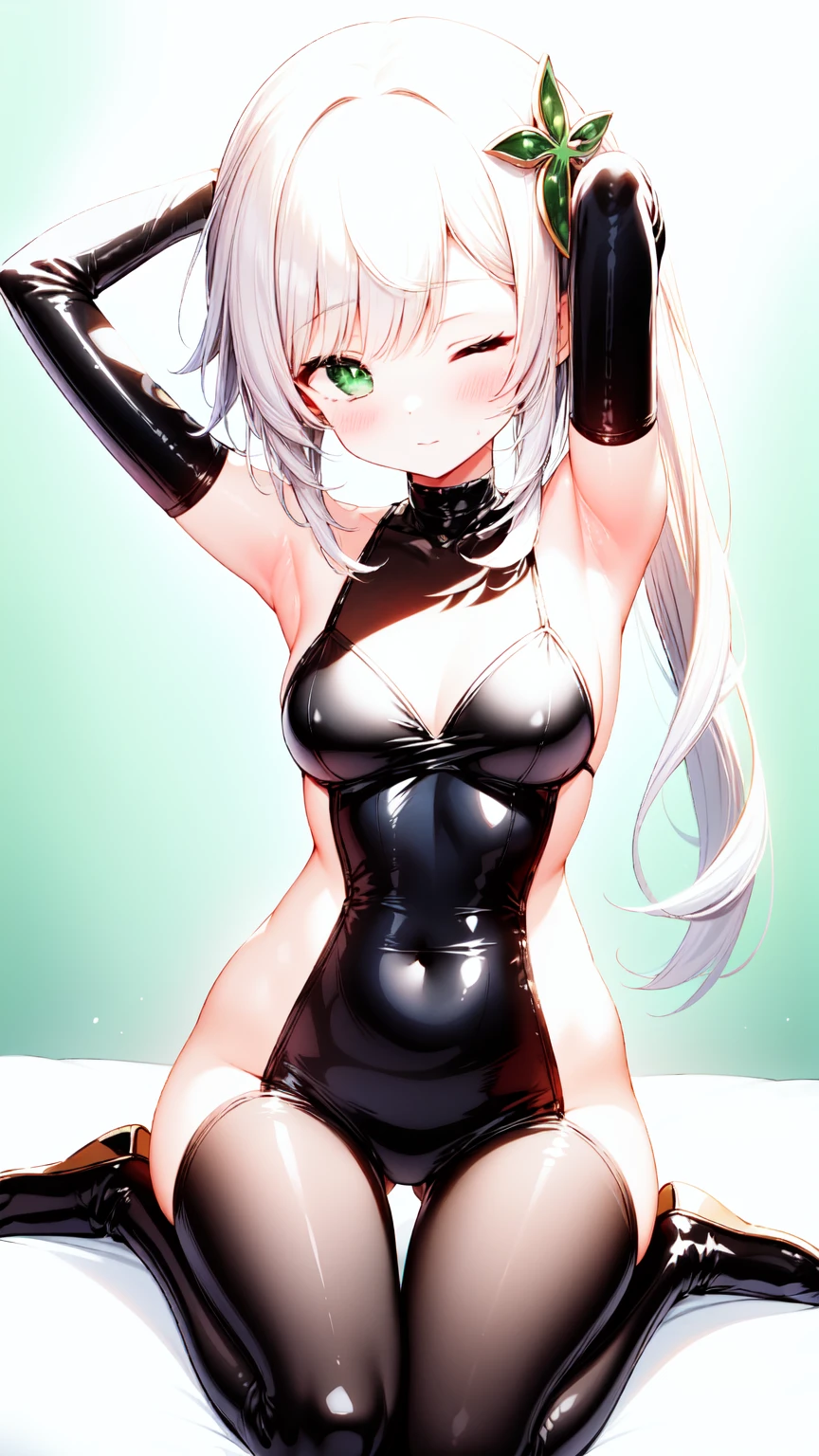 1girl,masterclass,best quality, illustration, solo, nahidadef, reverse bunnysuit, closed mouth, one eyes closed,on bed,(blush:1.1), medium breasts, sitting, wariza, thigh gap, arm up, arm behind head