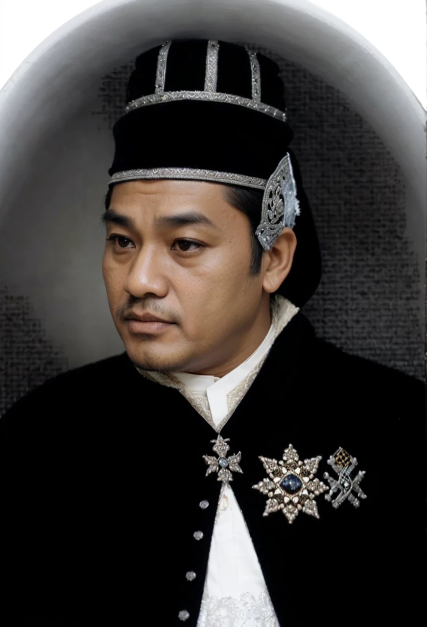 Indonesian Muslim men, aged 40 years and over, wearing clothes that have the feel of a regal king, black kanigaran type clothes and head coverings. round, slightly fat face, brown skin with wrinkles on the forehead, clear eyes, slightly sharp nose, slightly thick lower lip, natural black eyebrows, realistic HD quality image.