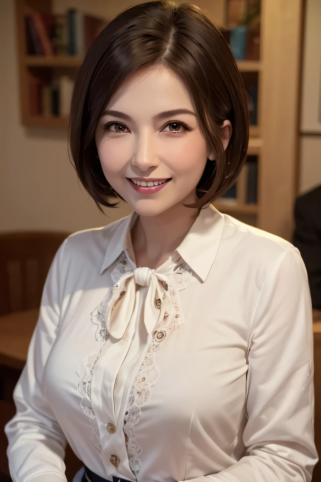 ((masterpiece)), ((Highest quality)), ((Complex)), ((Surreal)), (Realistic), (Mature Woman), ((There are no classes)), Very detailed, (1 female), Beautiful and exquisite, (Beautiful Teeth), Grin, Brunette Bob Hair, Brown eyes, ((blouse)), (Upper Body), (background:none), Perfect Eyes, Captivating eyes, Looking at the audience
