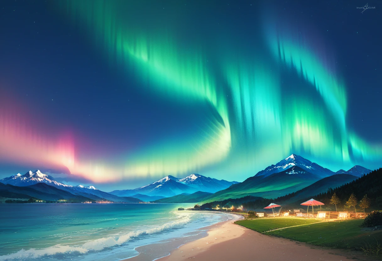 Beach view，Mountains and Water，Northern Lights in the sky，Iceland，dramatic aurora borealis，Stunning scenery，Landscape filled with northern lights，Rich details，Master Photography Works，Scandinavian