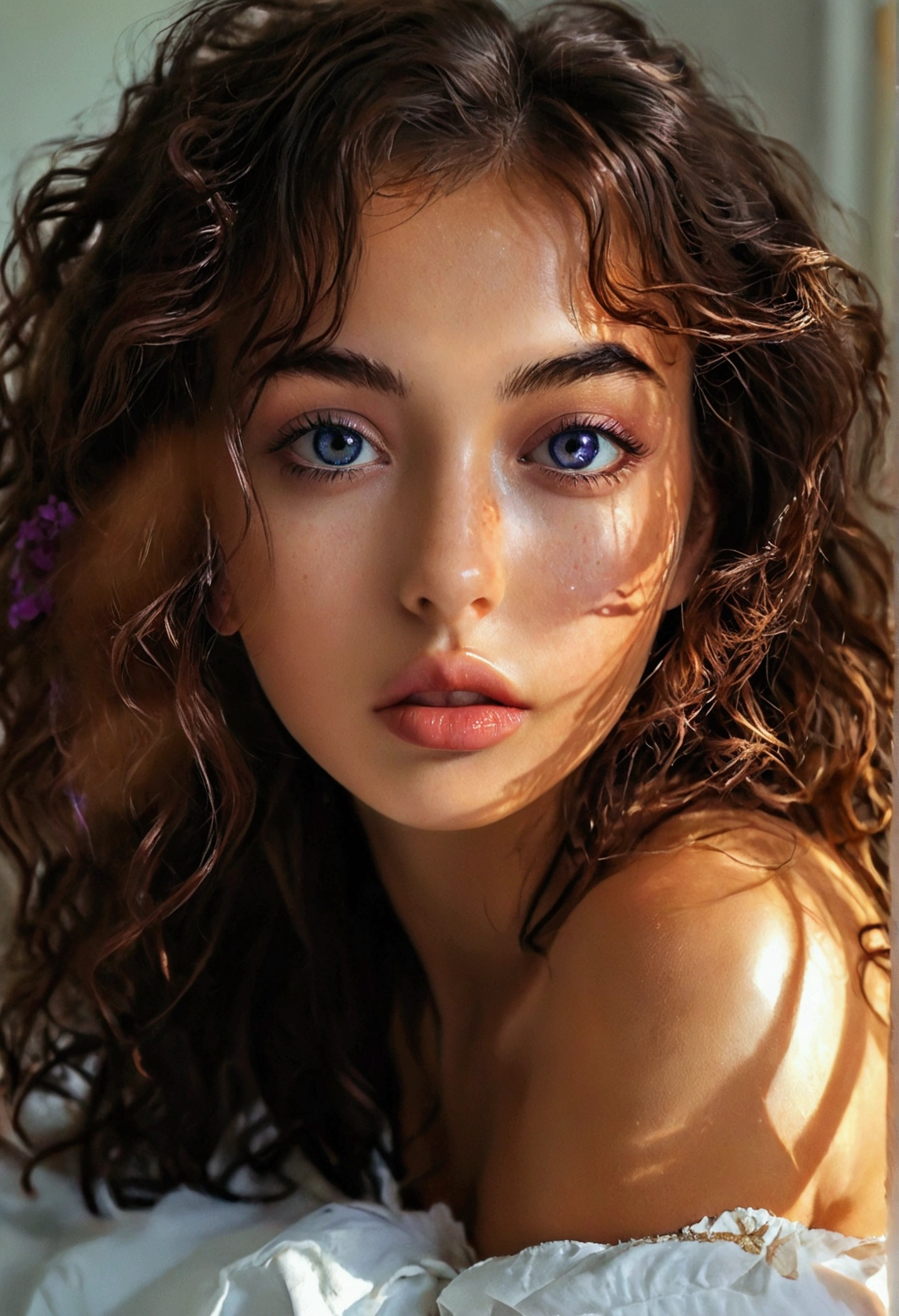 (((ultra realistic))) ())  Photo, masterpiece, top quality, pale skin, (Ultra detailed face and eyes:1.2), 1 Indian woman, Indian actress, beautiful woman, gloomy atmosphere, Dark background, (Eye makeup, mascara) , ((Dark wavy hair)) , ((Stylish hairstyle)) , Natural breasts, [[Slim waist, slender body]] . ((Posing)) , (body curves), In Lifchik, photoshoot, studio (Contour lighting), (The play of light and shadows), depth of field, bokeh, (special attention to skin detail: 1.2), Detailed texture, skin pores, ((Dark and gloomy atmosphere frame. color scheme - Ashen, Tons)), (Film grain, VHS effect), (shine) , ((deep blue eyes)) , ((close-up portrait, close to the camera)) , ultra detialed,  ((Huge perky breasts, cleavage 1.8, deep cleavage, thick thighs))(freckles 0.8, freckles on breasts, freckles on face)((long curly Black hair, ((deep detailed eyes, shiny skin, oily body)) smiling , curly hair, ((full body)) ((beautiful oily shoulder, neck))((, spreading legs wide open, erotic look, chin up, open mouth, seductive look,))((one hands on head, )) ((laying on beach, spreading legs wide open, hand in hair, chin up, ))((purple colour pyjamas, , Pov from back))((ha)