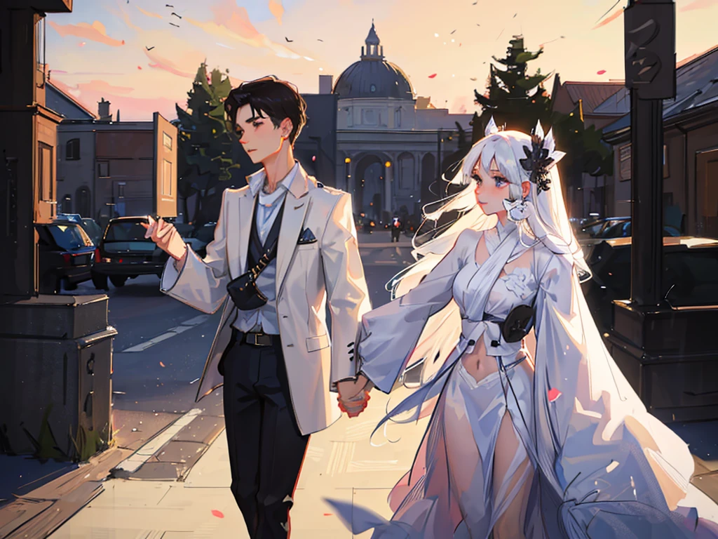 masterpiece, Highest quality, (With two people), (Perfect Face:1.1), (High detail:1.1),dramatic, 1 person, (Pale skin), Boys and Girls, Hold hands、Long road, moon, sun, White clothes and black clothes, Covered navel, Pouting, Covered, Hold hands 詳細な背景, art：artgerm と greg rutkowski,  Cinema Lighting,