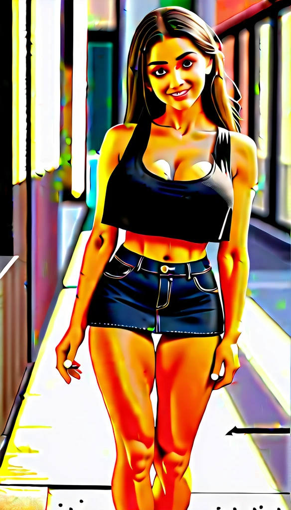 score_9, score_8_up, score_7_up, BREAK, (outdoor, summer day:1.2), head tilt back, walking on street, leg bend, cute, round face with cute smile, long black twintail hair, alternative vibe, 25 year old, (Italian female:1.3), medium olive skin, high cheekbones, stunning brown eyes, extra large breasts, subtle cleavage, (cozy lounge), oversized black crop top, mini skirt, dynamic angle, vibrant lighting, high contrast, dramatic shadows, highly detailed, detailed skin, depth of field, film grain,