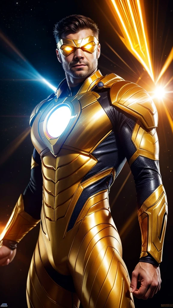 a solar-powered superhero, solaris, detailed portrait, photorealistic, glowing golden suit, solar blasts, flight with radiant energy, muscular body, intense gaze, detailed facial features, dynamic pose, sun rays, dramatic lighting, vibrant colors, cinematic composition, hyper-realistic, 8k, masterpiece