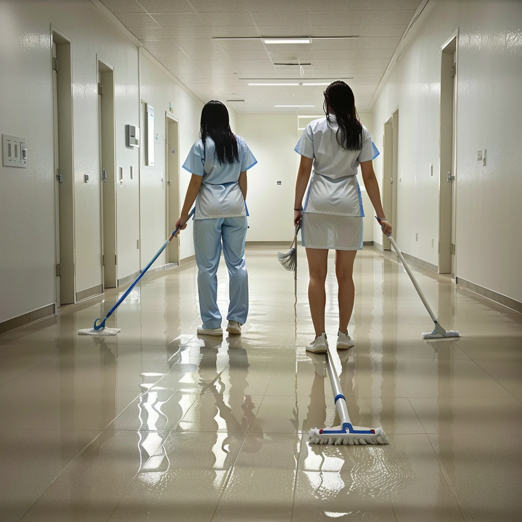 woman mopping the floor in a hospital hallway with a mop, clean detailed, majestic sweeping action, clean, shiny floors, sweeping, cleanest image, extremely clean, clean and neat, sharpness. clean, clean medical environment, wet floors, smooth clean surfaces, decorative, very clean, pristine and clean, super clean, professional work, very very clean