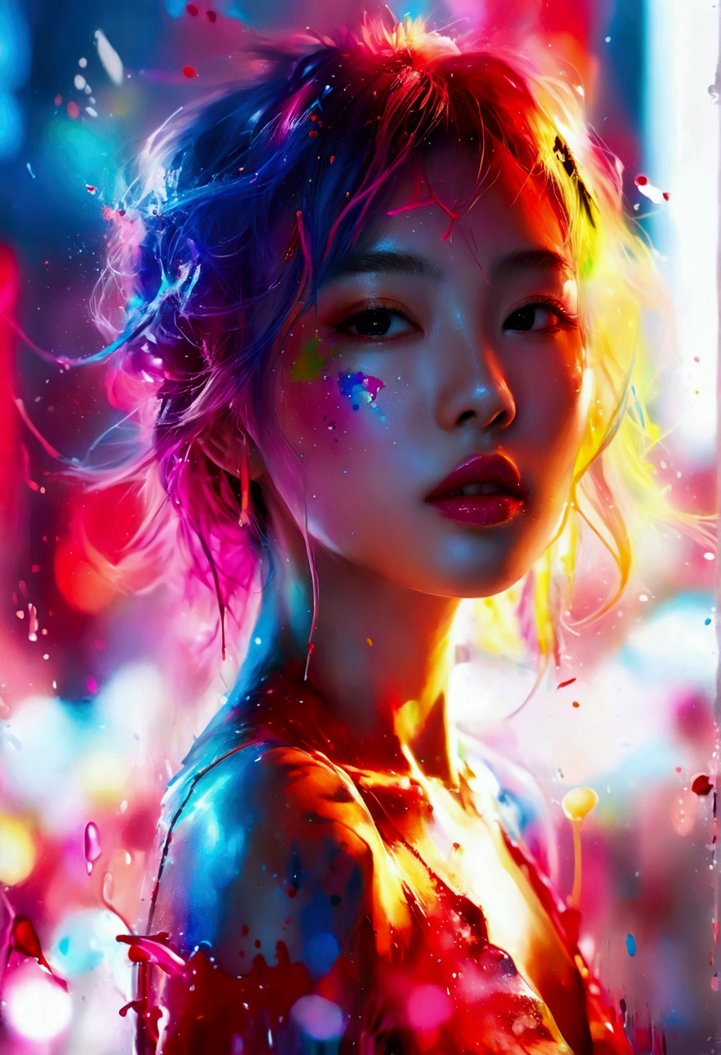 (masterpiece, Highest quality, High resolution), White Background, ((Paint splashes, Color Splash, Ink splash, Color Splash)), Kind Chinese girl, Rainbow Hair, Pink Lips, front,Downtown Shanghai、Digital Cities、Near future upper body