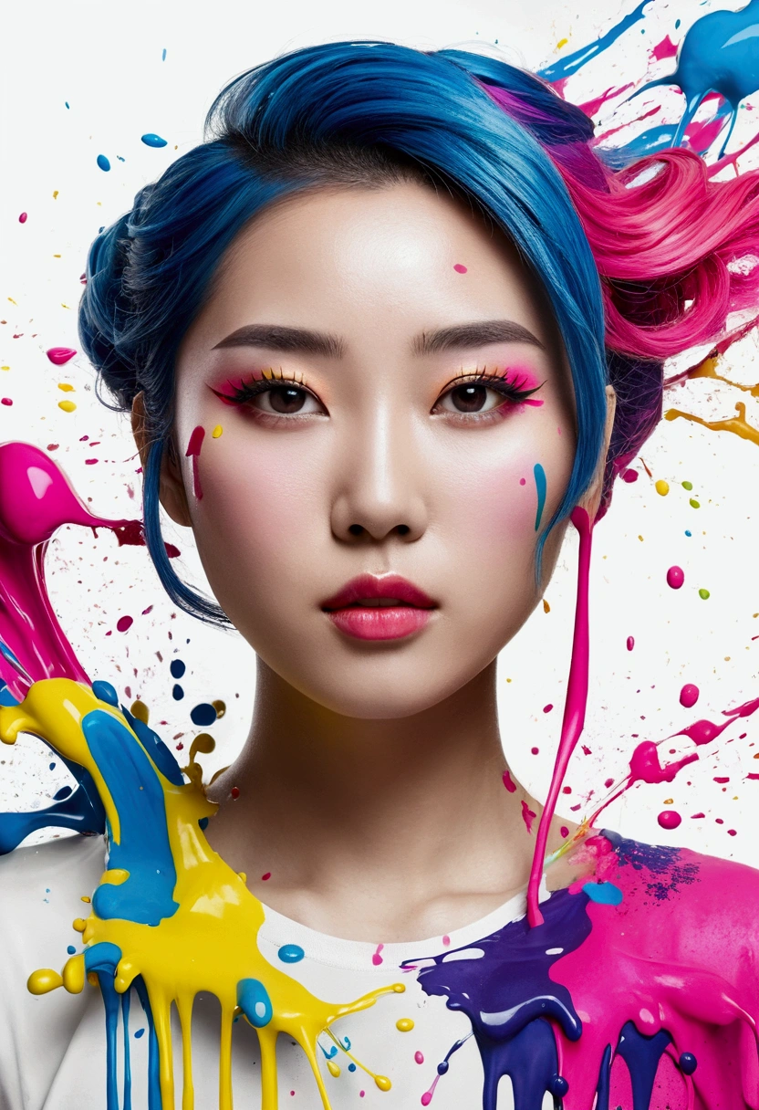 (masterpiece, Highest quality, High resolution), White Background, ((Paint splashes, Color Splash, Ink splash, Color Splash)), Kind Chinese girl, Rainbow Hair, Pink Lips, front,Downtown Shanghai、Digital Cities、Near future upper body
