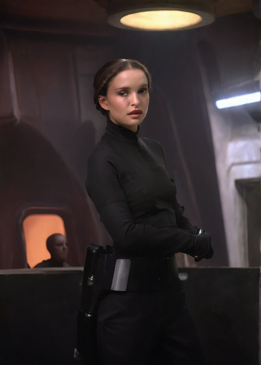 high resolution photo face close-up of p4dme woman sitting in a star wars cantina,looking at camera,black uniform,hair chignon,full body shot,Imperial officer wearing a (color) uniform
depth of field,volumetric lighting,sunrise,(surreal dramatic lighting shadow)
