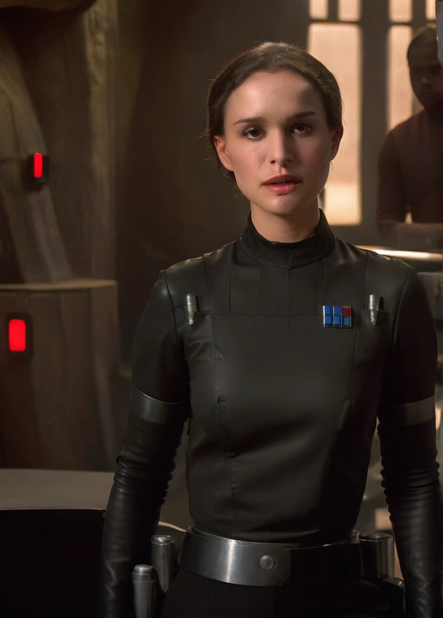 high resolution photo face close-up of p4dme woman sitting in a star wars cantina,looking at camera,black uniform,hair chignon,full body shot,Imperial officer wearing a (color) uniform
depth of field,volumetric lighting,sunrise,(surreal dramatic lighting shadow)
