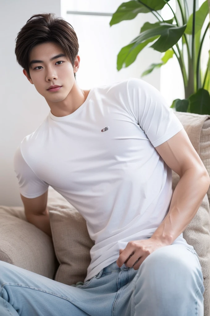 Muscular Asian guy , Wear only white shirts, jeans., A muscular young man., beautiful young male model, Comfortable pose, Portrait of a 25 year old boy, Taking pictures in a comfortable, realistic way