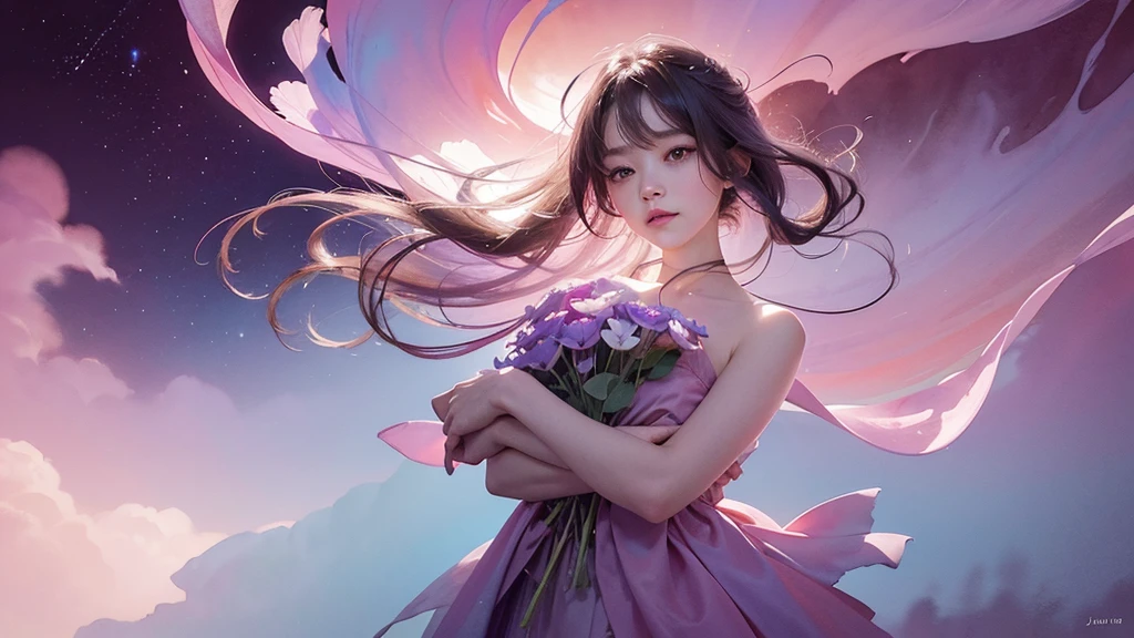 One girl,flower, Lisianthus ,Pale pinkと淡い青のスタイル, A dreamy, romantic piece, Pale pink, Mysterious Leaves, A playful arrangement,Fantasy, High Contrast, Ink strokes, explosion, Exposure, Impression of purple and red tones , Abstract, ((Watercolours by John Berkey and Jeremy Mann )) Brush strokes, Negative Space,