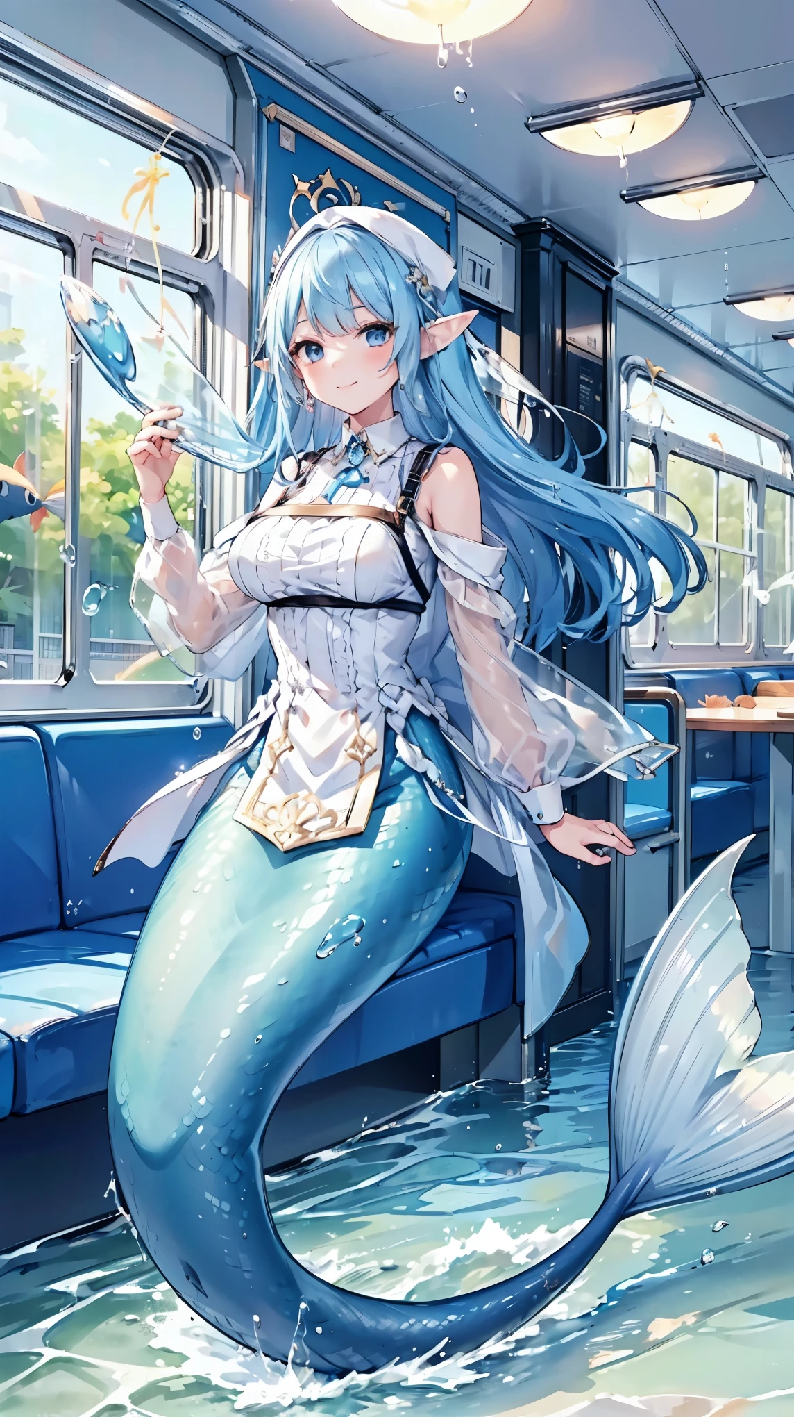 masterpiece, best quality,A girl,Blue Hair,White Dress,Ahoge,blue eyes, Elf ears,独奏,Large Breasts,Mermaid,蓝色的Mermaid尾巴,full-body shot,transportation facilities_against_window,blue theme, (in water:1.2), (air bubble:1.3), Inside the train, (surreal:1.2), (jellyfish:1.2), (whale:1.1),(fish:1.2),blurred foreground,charming face(Kawaii, charming,Soft),Looking at the audience,Smile