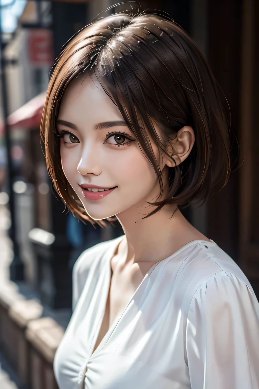 ((masterpiece)), ((Highest quality)), ((Complex)), ((Surreal)), (Realistic), (Mature Woman), ((There are no classes)), Very detailed, (1 female), Beautiful and exquisite, (Beautiful Teeth), Grin, Brunette Bob Hair, Brown eyes, ((blouse)), (Upper Body), (background:none), Perfect Eyes, Captivating eyes, Looking at the audience