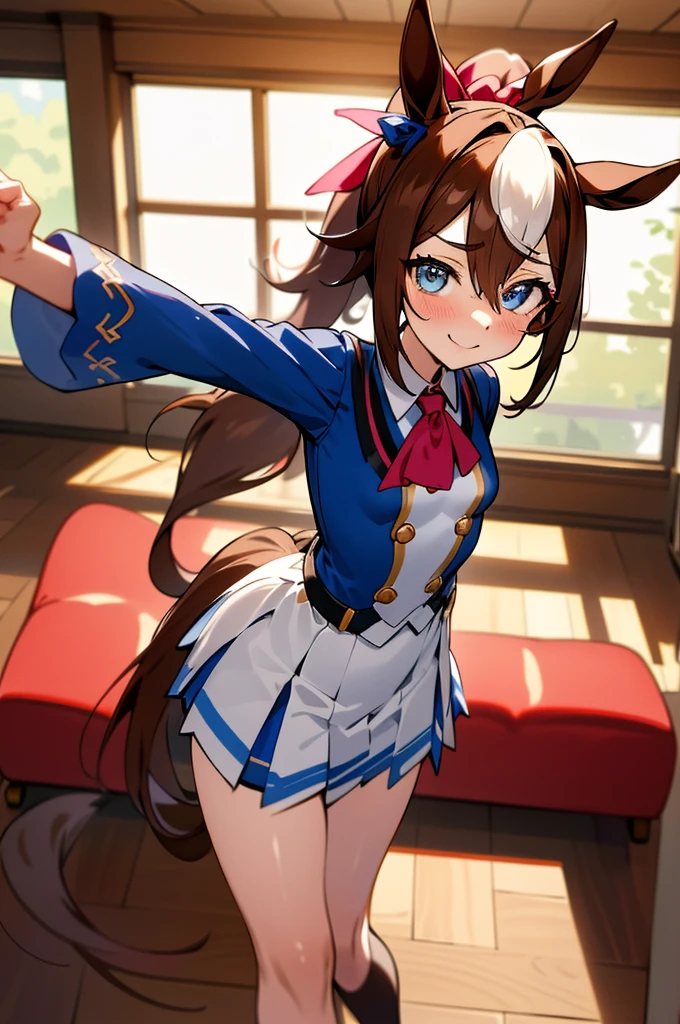 Cut it out \(umamusume\), ((Highly detailed eyes)), masterpiece, Highest quality, ((abnormal body, Small breasts)), (Horse tail) ,smile, blush, (indoor, office, living room), whole body, frontage, Long ponytail, (Strike from behind