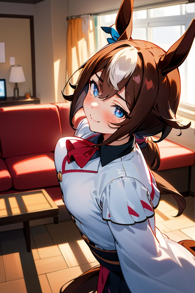 Cut it out \(umamusume\), ((Highly detailed eyes)), masterpiece, Highest quality, ((abnormal body, Small breasts)), (Horse tail) ,smile, blush, (indoor, office, living room), whole body, frontage, Long ponytail, (Strike from behind