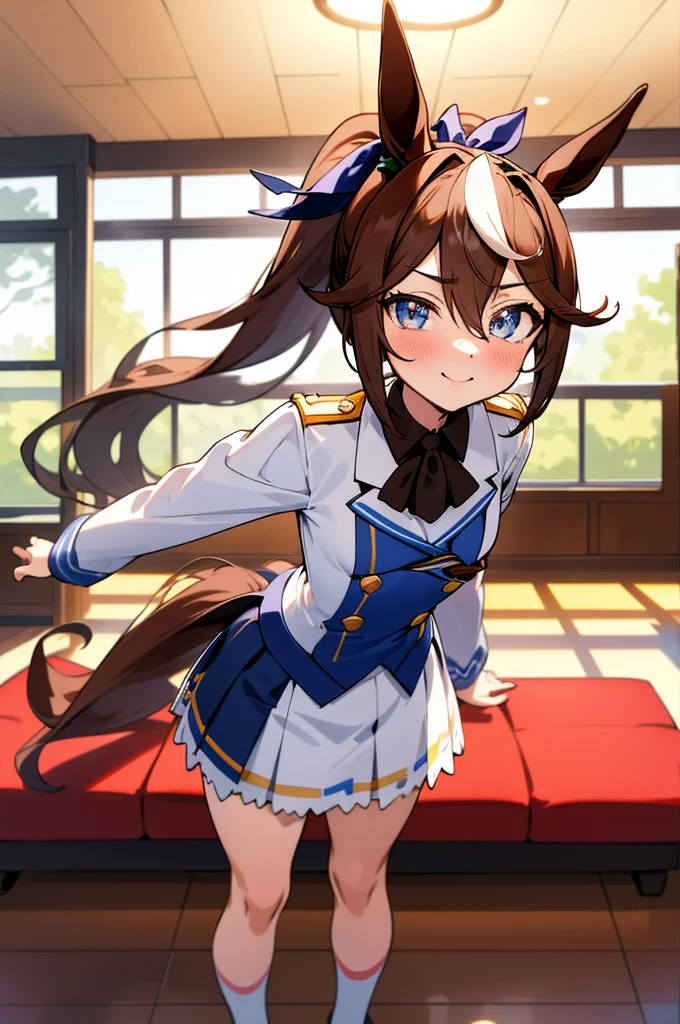 Cut it out \(umamusume\), ((Highly detailed eyes)), masterpiece, Highest quality, ((abnormal body, Small breasts)), (Horse tail) ,smile, blush, (indoor, office, living room), whole body, frontage, Long ponytail, (Strike from behind