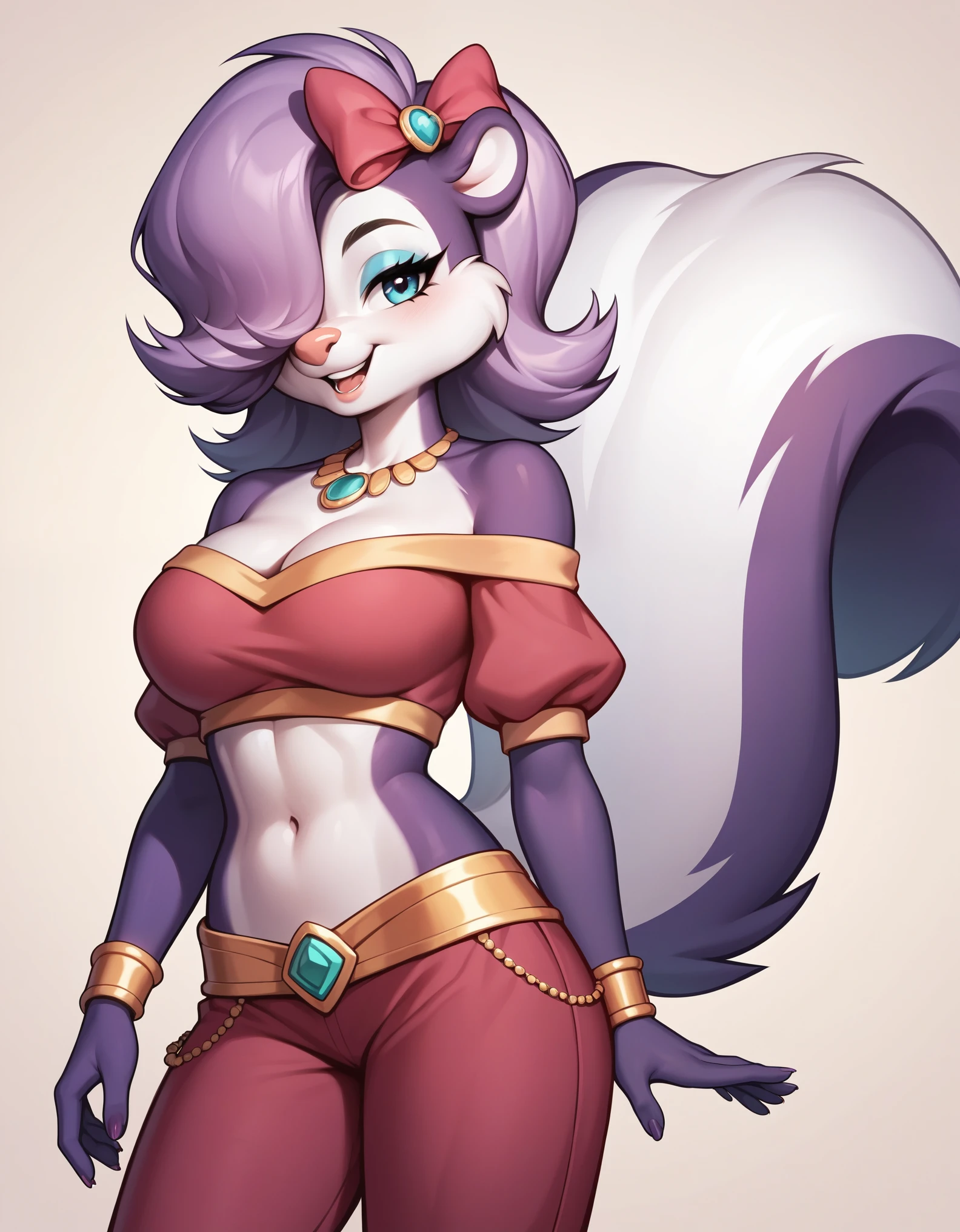 score_9, score_8_up, score_7_up, score_6_up, masterpiece, perfect face, perfect hands, high quality, source_cartoon, (1girl, solo,) fifi, skunk, anthro, hair bow, purple body, hair over one eye, (turquoise Arabian clothes), bare midriff, (off-shoulder shirt),  (jewelry), harem pants (turquoise), cleavage,