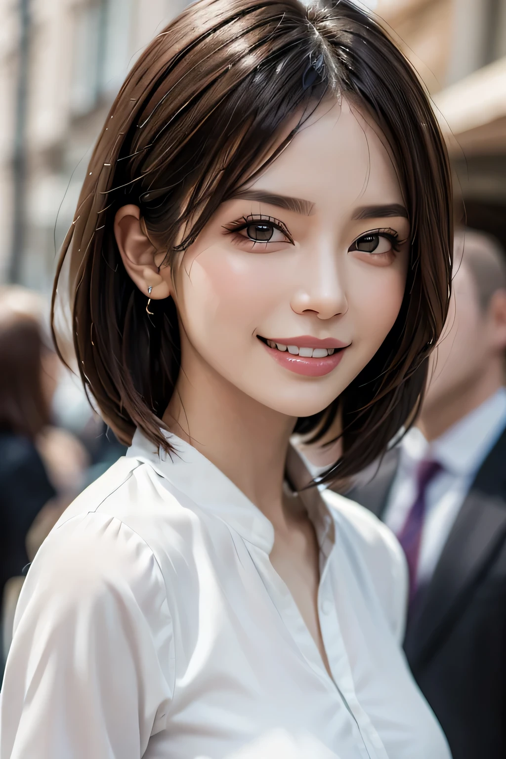 ((masterpiece)), ((Highest quality)), ((Complex)), ((Surreal)), (Realistic), (Mature Woman), ((There are no classes)), Very detailed, (1 female), Beautiful and exquisite, (Beautiful Teeth), Grin, Brunette Bob Hair, Brown eyes, ((blouse)), (Upper Body), (background:none), Perfect Eyes, Captivating eyes, Looking at the audience