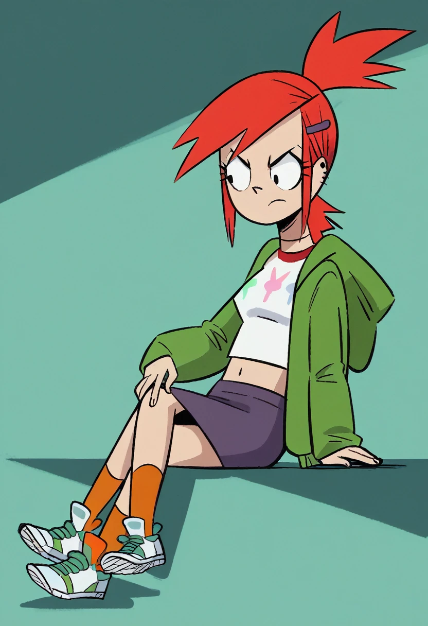 frankiefoster, red hair, green hoodie, purple skirt, orange socks, sneakers, hairclip, midriff, ponytail, sitting, crossed legs