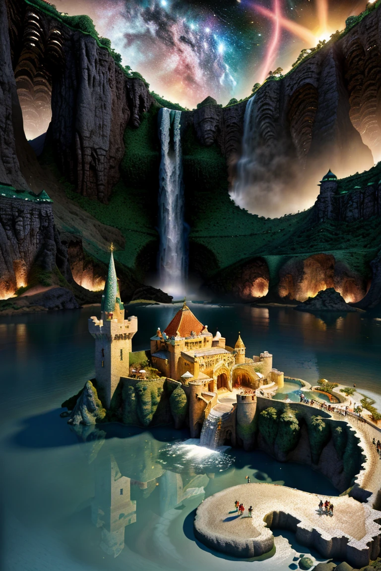 Fantastic fairytale castle, Waterfalls flow into the sea, Galaxies and planets in the sky, Imaginative, bright sunny, rich, exotic, chic, opulent, highy detailed, Mystic, raunchy, 3d, escher style, cellulose art,  (work of art: 1.2), best qualityer, higher resolution, Thousands of details