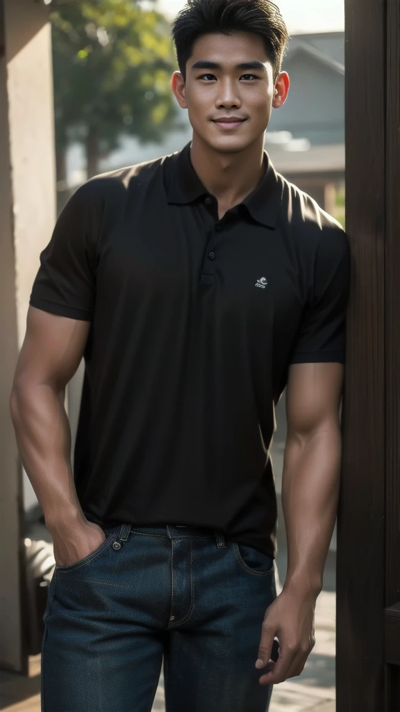 Natural light, realistic, Thai man, ทรงผมสั้น buzz cut, Handsome, muscular, big muscles, Broad shoulders, model, Wearing a black polo shirt and jeans, he stood and smiled. , outdoor outside
