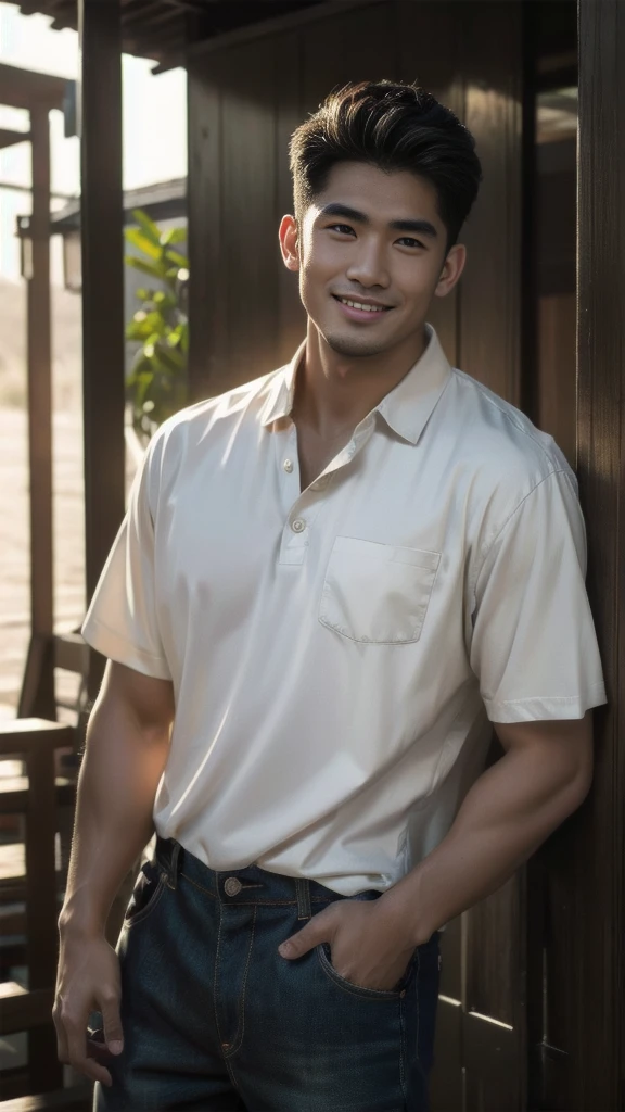 Natural light, realistic, Thai man, ทรงผมสั้น buzz cut, Handsome, muscular, big muscles, Broad shoulders, model,  Wearing a black polo shirt and jeans, he stood and smiled. , outdoor outside