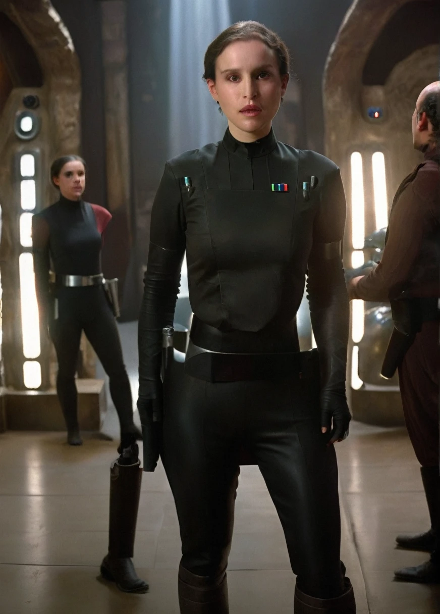 high resolution photo face close-up of p4dme woman sitting in a star wars cantina,looking at camera,black uniform,hair chignon,full body shot,Imperial officer wearing a (color) uniform depth of field,volumetric lighting,sunrise,(surreal dramatic lighting shadow)
