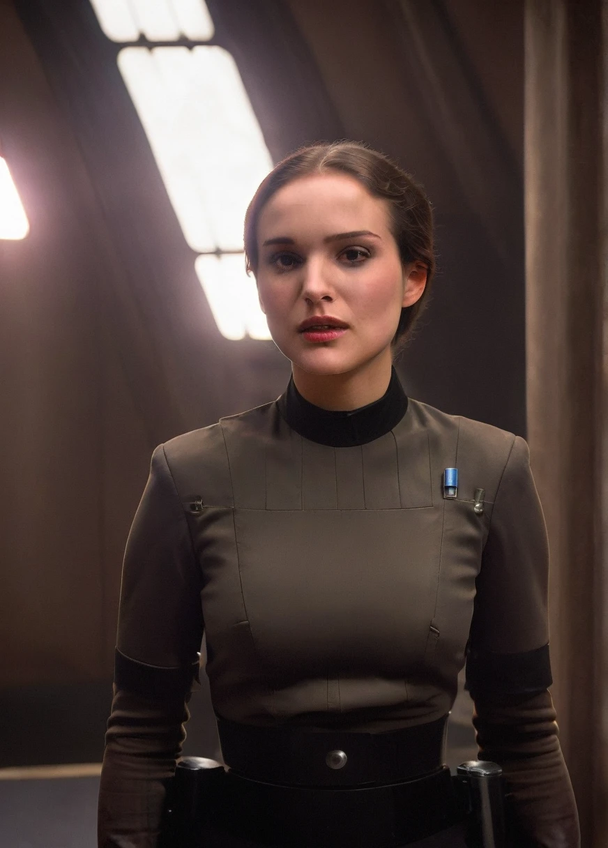 high resolution photo face close-up of p4dme woman sitting in a star wars cantina,looking at camera,black uniform,hair chignon,full body shot,Imperial officer wearing a (color) uniform depth of field,volumetric lighting,sunrise,(surreal dramatic lighting shadow)
