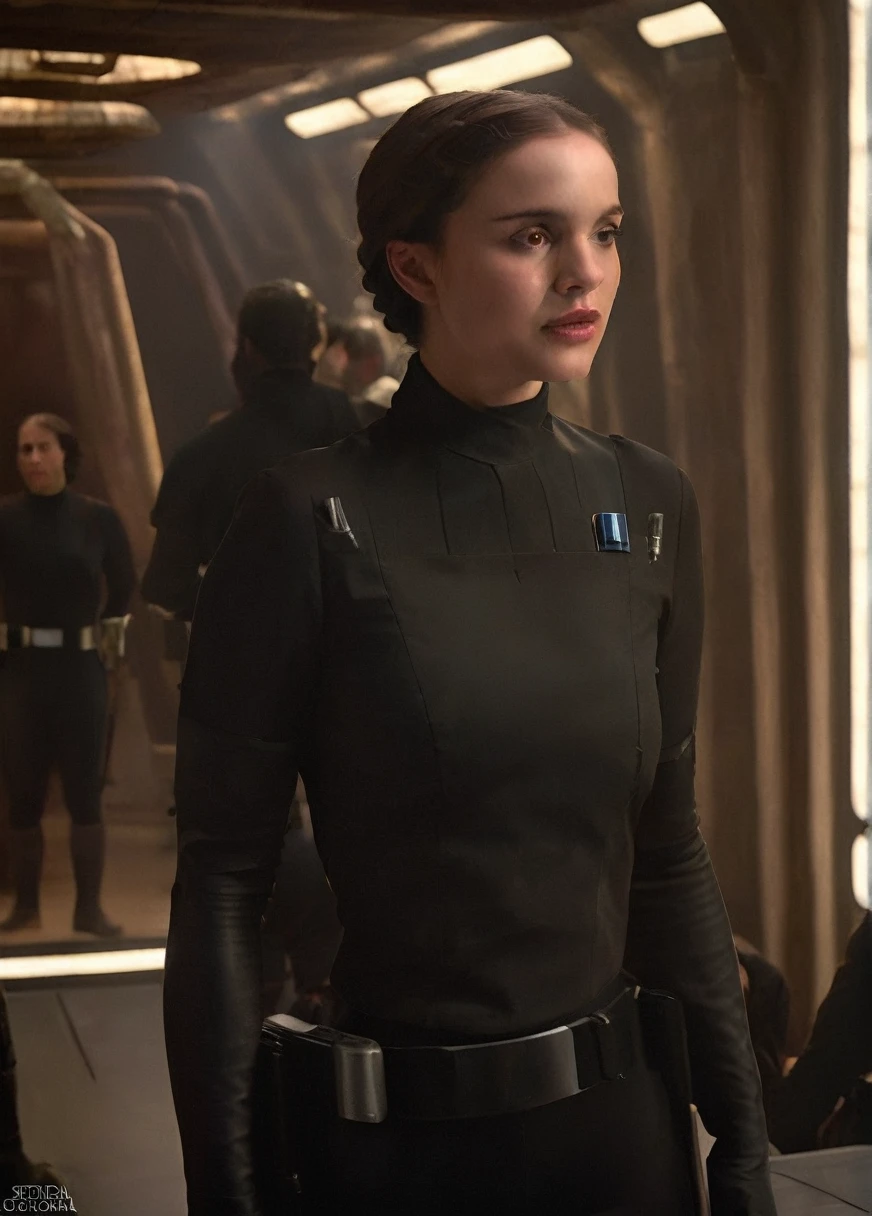 high resolution photo face close-up of p4dme woman sitting in a star wars cantina,looking at camera,black uniform,hair chignon,full body shot,Imperial officer wearing a (color) uniform depth of field,volumetric lighting,sunrise,(surreal dramatic lighting shadow)
