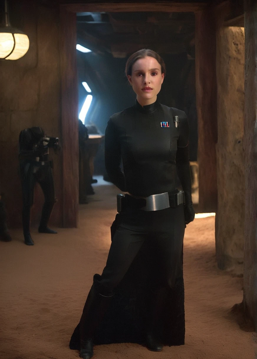 high resolution photo face close-up of p4dme woman sitting in a star wars cantina,looking at camera,black uniform,hair chignon,full body shot,Imperial officer wearing a (color) uniform depth of field,volumetric lighting,sunrise,(surreal dramatic lighting shadow)
