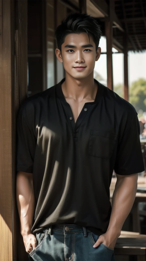 Natural light, realistic, Thai man, ทรงผมสั้น buzz cut, Handsome, muscular, big muscles, Broad shoulders, model,  Wearing a black polo shirt and jeans, he stood and smiled. , outdoor outside