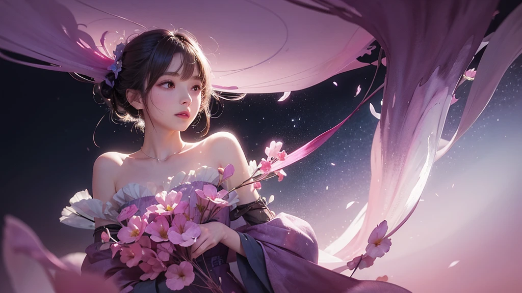 One girl,flower, Lisianthus ,Pale pinkと淡い青のスタイル, A dreamy, romantic piece, Pale pink, Mysterious Leaves, A playful arrangement,Fantasy, High Contrast, Ink strokes, explosion, Exposure, Impression of purple and red tones , Abstract, ((Watercolours by John Berkey and Jeremy Mann )) Brush strokes, Negative Space,