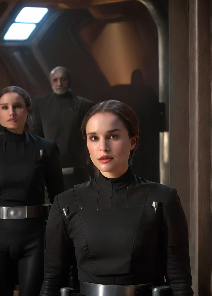 high resolution photo face close-up of p4dme woman sitting in a star wars cantina,looking at camera,black uniform,hair chignon,full body shot,Imperial officer wearing a (color) uniform depth of field,volumetric lighting,sunrise,(surreal dramatic lighting shadow)
