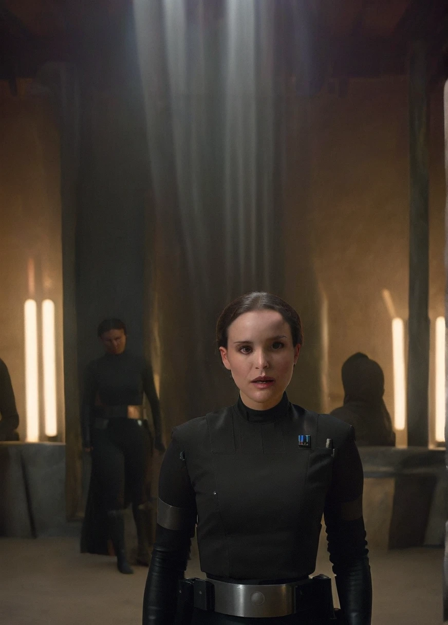 high resolution photo face close-up of p4dme woman sitting in a star wars cantina,looking at camera,black uniform,hair chignon,full body shot,Imperial officer wearing a (color) uniform depth of field,volumetric lighting,sunrise,(surreal dramatic lighting shadow)
