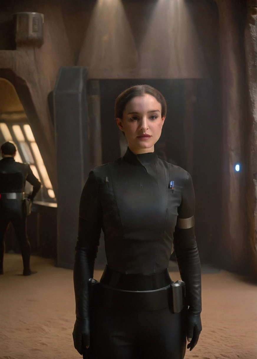 high resolution photo face close-up of p4dme woman sitting in a star wars cantina,looking at camera,black uniform,hair chignon,full body shot,Imperial officer wearing a (color) uniform depth of field,volumetric lighting,sunrise,(surreal dramatic lighting shadow)
