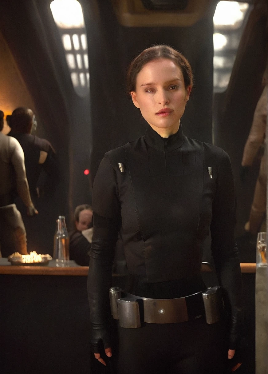 high resolution photo face close-up of p4dme woman sitting in a star wars cantina,looking at camera,black uniform,hair chignon,full body shot,Imperial officer wearing a (color) uniform depth of field,volumetric lighting,sunrise,(surreal dramatic lighting shadow)
