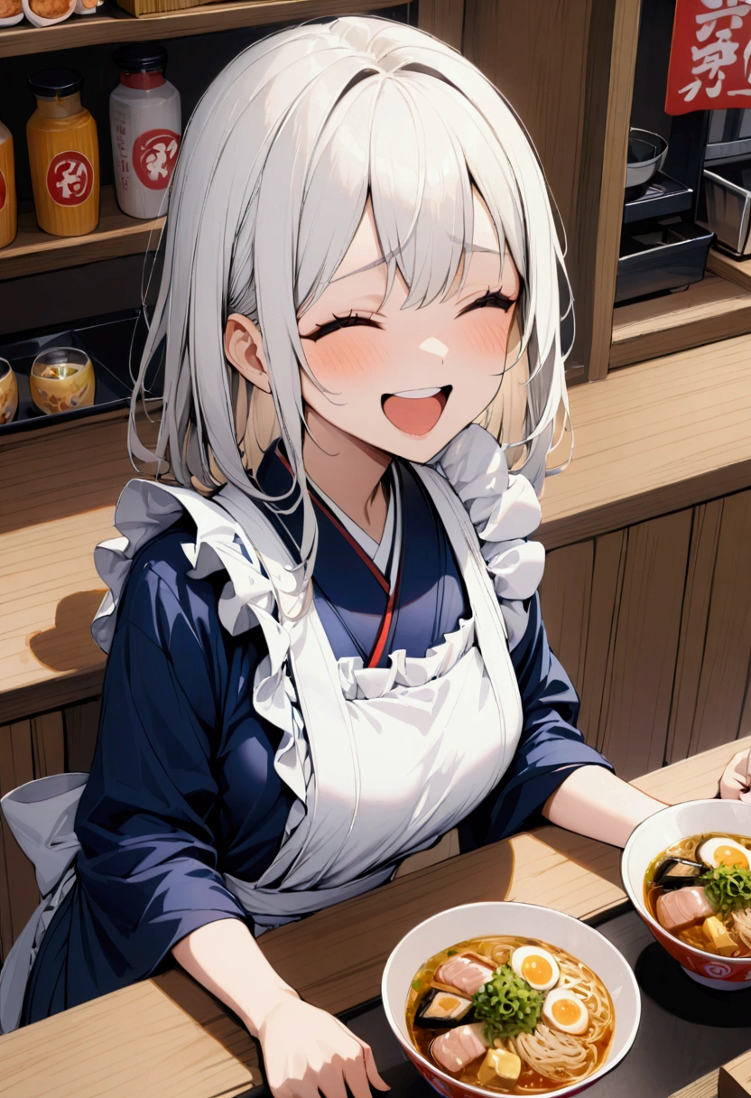 1 girl, white kerchief, navy blue kimono and white ruffled apron, laughter, Japanese ramen store, counter seat only,