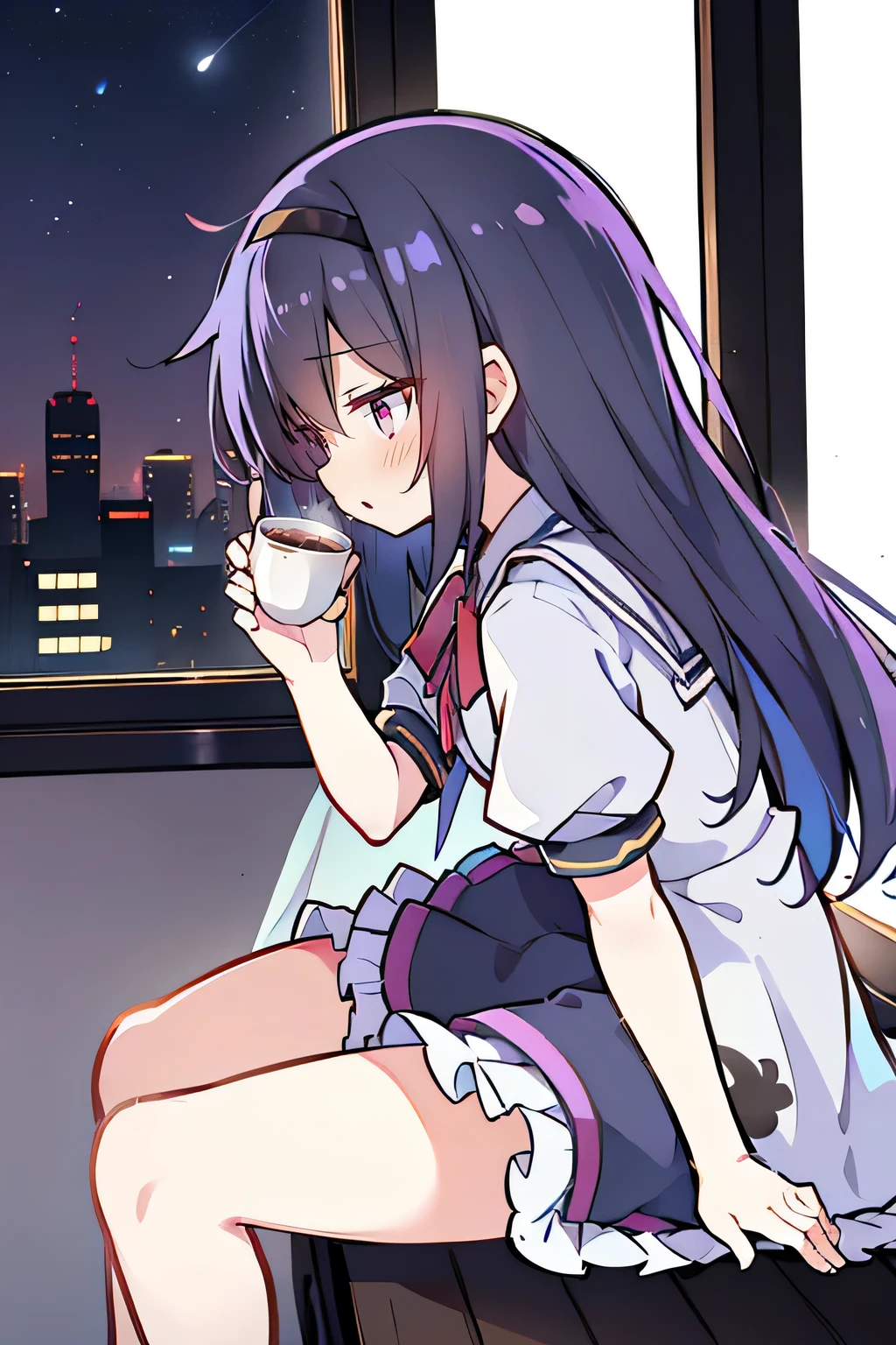 Anime Girl sitting on window sill drinking coffee and looking out the window, Animation by Jin Homura, Pixif, Concept Art, (Anime Girl), Anime cute art style, seductive Anime Girl, Beautiful anime high school, Cute girl anime visual, Night Core, Best Girl in Anime, young Anime Girl, Fleet Collection Style, Smooth anime CG art